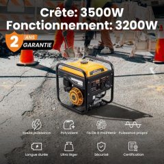 Groupe électrogène Inverter 3500W à l’essence 4 temps avec 2 prises 230V Générateur silencieux pour Garage Atelier Chantier camping