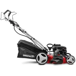 Tondeuse à gazon essence GREENCUT GLM770XE – 150cc 4cv – Démarrage électrique 4 temps automotrice – Lame acier double tranchant 460mm 18 – Hauteur de coupe réglable – Panier d’une capacité de 55L
