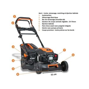 Tondeuse thermique autotractée démarrage électrique 51cm 170cm3 – FUXTEC FX-RM5170eS – 60 L Easy Clean