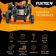 Tondeuse thermique autotractée démarrage électrique vitesse réglable 196cm3 51cm – FUXTEC FX-RM5196esPRO – 6CV 60L