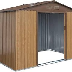Abri de jardin en métal – FERRAIN 5.29m² couleur chêne – Cabane à outils avec deux grandes portes coulissantes. kit de fixation