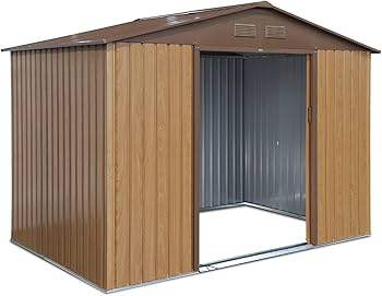 Abri de jardin en métal – FERRAIN 5.29m² couleur chêne – Cabane à outils avec deux grandes portes coulissantes. kit de fixation