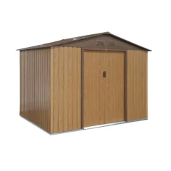 Abri de jardin en métal – FERRAIN 5.29m² couleur chêne – Cabane à outils avec deux grandes portes coulissantes. kit de fixation