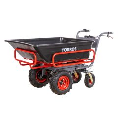 Brouette électrique 4 roues à châssis tubulaire extensible et amovible + benne plastique 300L 300KG – batterie 40V / 6Ah