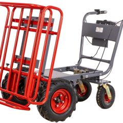 Brouette électrique 4 roues à châssis tubulaire extensible et amovible + benne plastique 300L 300KG – batterie 40V / 6Ah